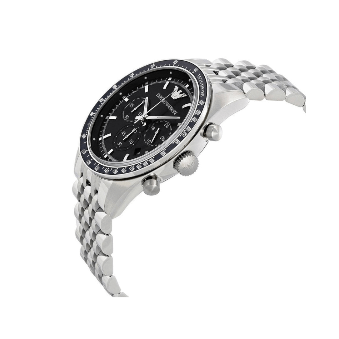 Emporio Armani Tazio Chronograph Black Dial Silver Steel Strap Watch For Men - AR5988