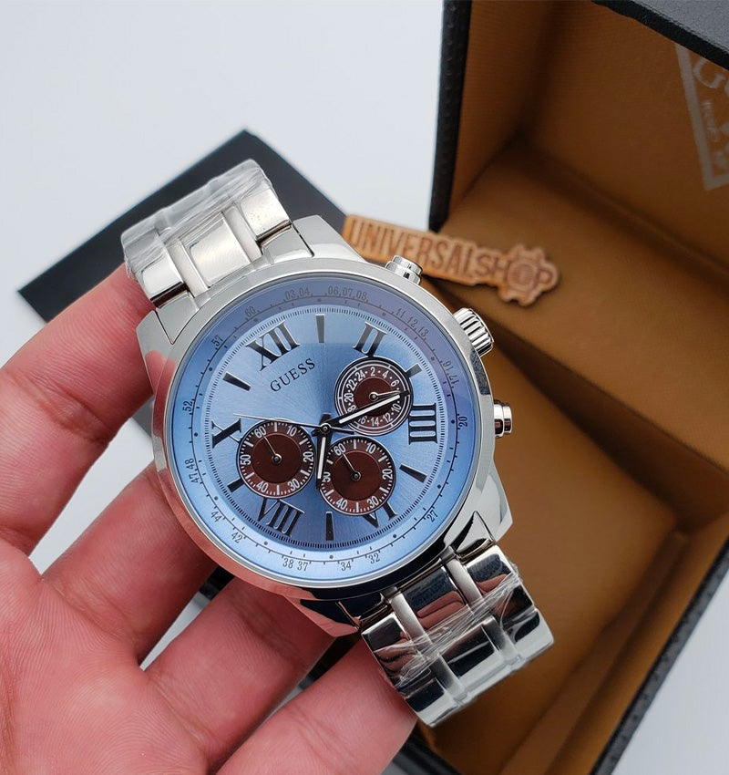 Guess Horizon Chronograph Quartz Blue Dial Silver Steel Strap Watch for Men - W0379G6