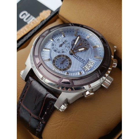 Guess Pinnacle Chronograph Quartz Blue Dial Brown Leather Strap Watch For Men - W0673G1