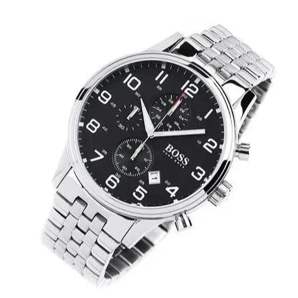 Hugo Boss Aeroliner Chronograph Black Dial Silver Steel Strap Watch For Men - 1512446