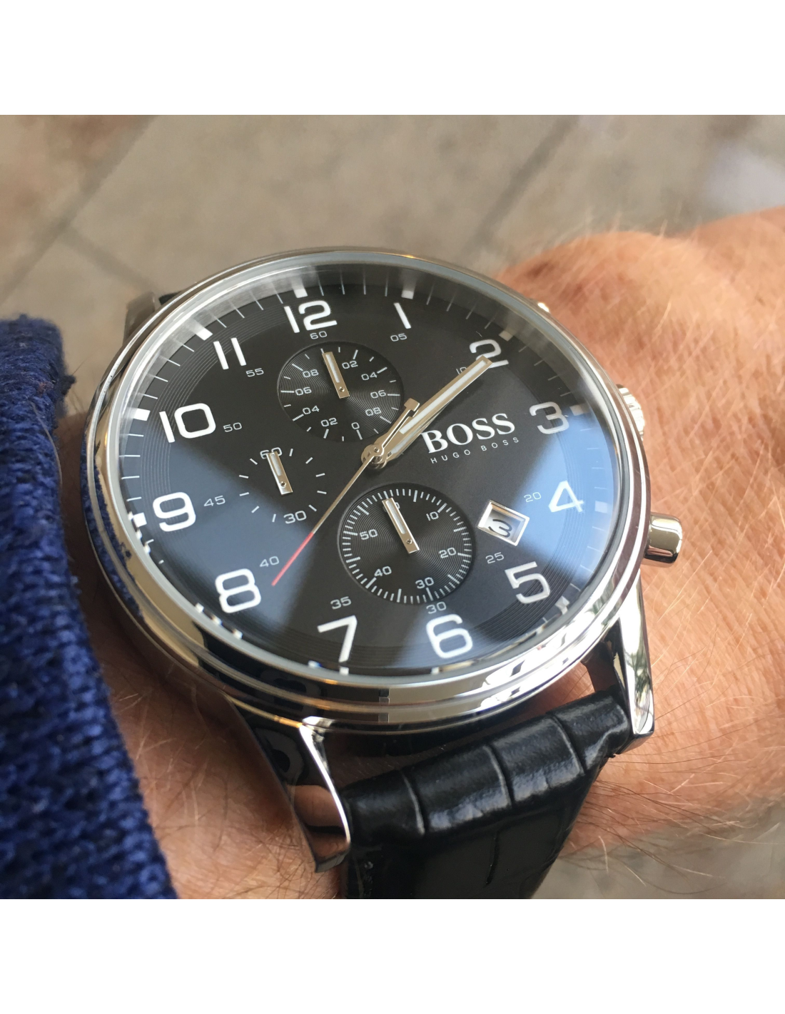 Hugo Boss Aeroliner Chronograph Quartz Black Dial Black Leather Strap Watch For Men - HB1512448