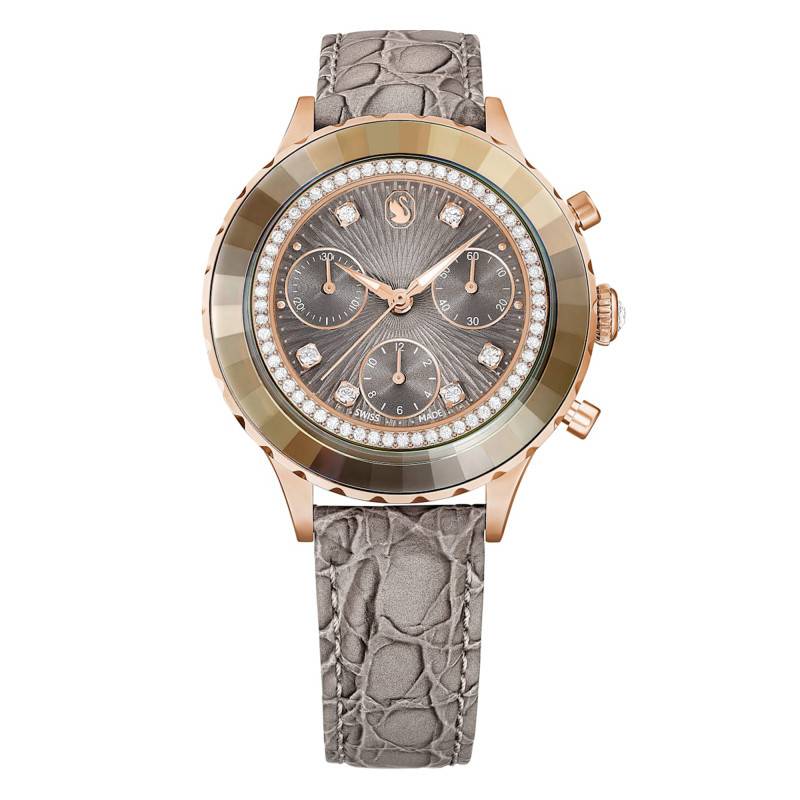 Swarovski Octea Chrono Grey Dial Grey Leather Strap Watch for Women - 5671153