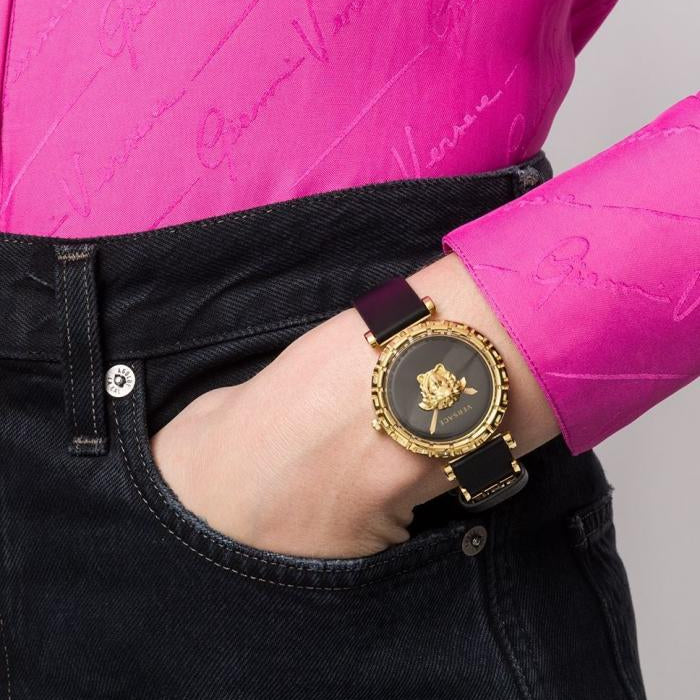 Versace Palazzo Empire Greca Black Dial Black Leather Strap Watch for Women - VEDV00119