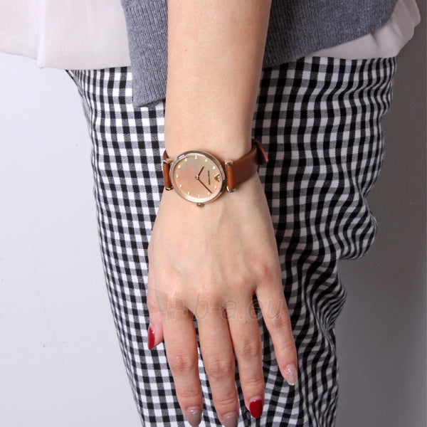 Emporio Armani Gianni T Bar Quartz Pink Mother of Pearl Dial Brown Leather Strap Watch For Women - AR1960