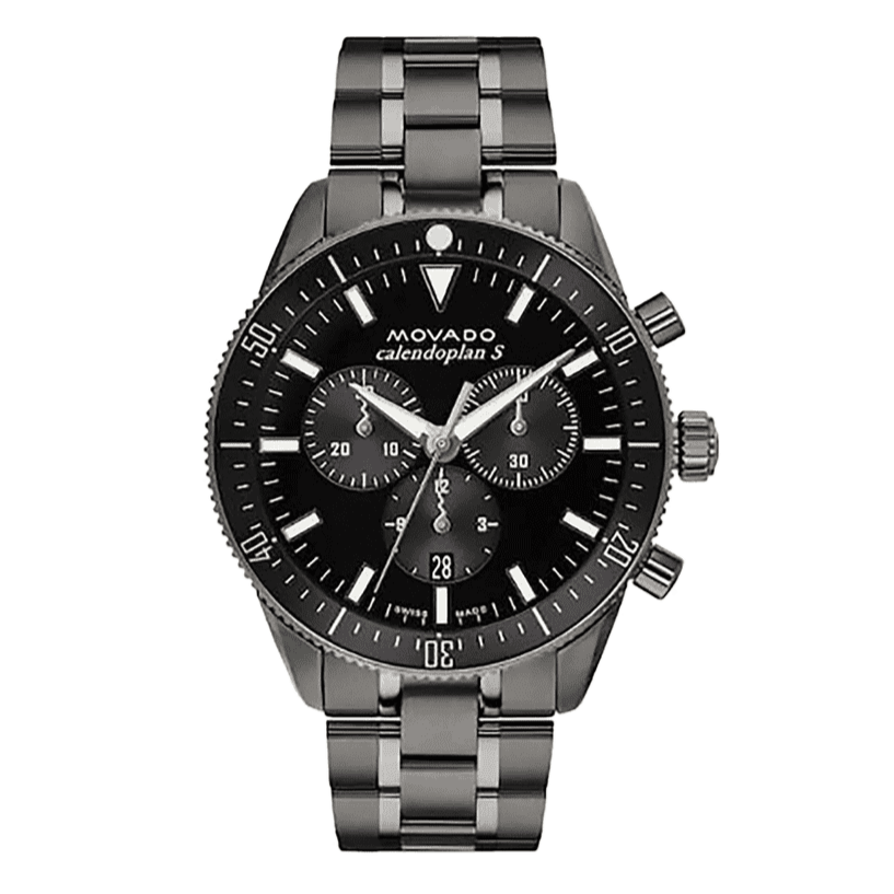 Movado Heritage Calendoplan Chronograph Black Dial Black Steel Strap Watch For Men - 3650125