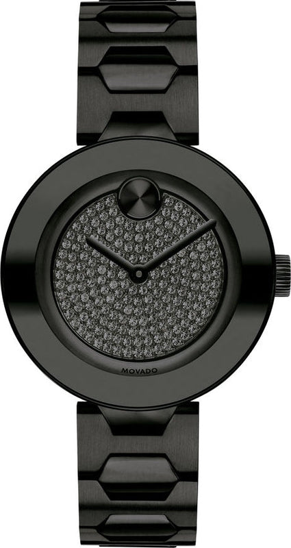 Movado Bold Crystals Black Dial Black Steel Strap Watch for Women - 3600576