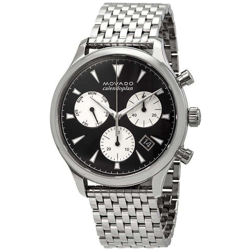 Movado Heritage Calendoplan Chronograph Black Dial Silver Steel Strap Watch for Men - 3650014