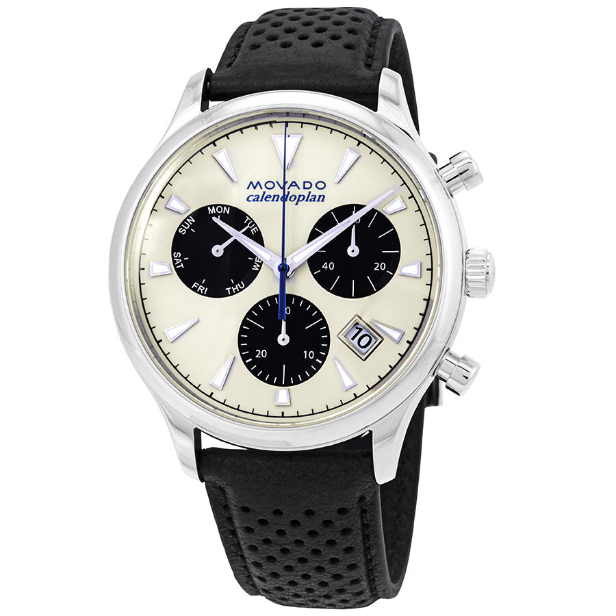 Movado Heritage Calendoplan Chronograph Silver Dial Black Leather Strap Watch for Men - 3650024