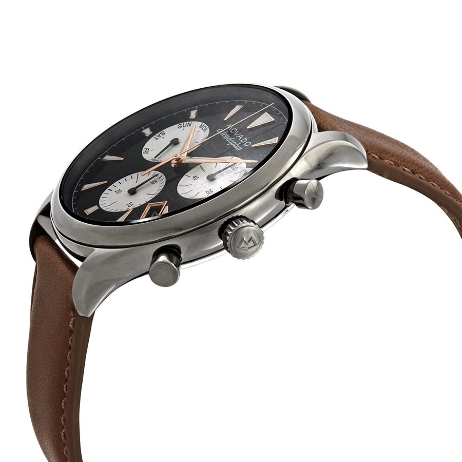 Movado Heritage Calendoplan Chronograph Black Dial Brown Leather Strap Watch for Men - 3650022