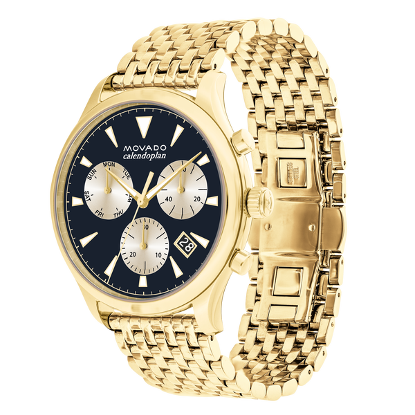 Movado Heritage Calendoplan Blue Dial Gold Steel Strap Watch for Men - 3650015