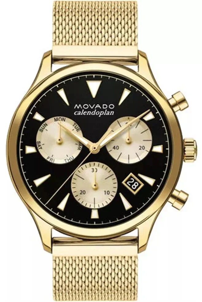 Movado Heritage Calendoplan Chronograph Black Dial Gold Mesh Strap Watch for Men - 3650098