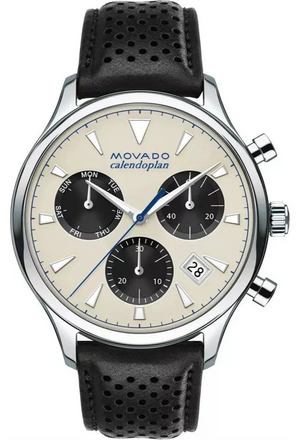 Movado Heritage Calendoplan Chronograph Silver Dial Black Leather Strap Watch for Men - 3650024