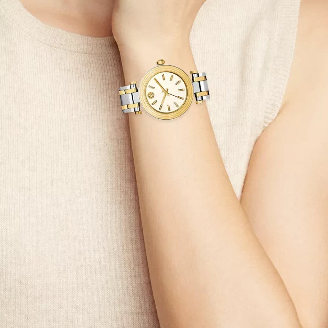Tory Burch Classic T White Dial Two Tone Steel Strap Watch for Women - TBW9014