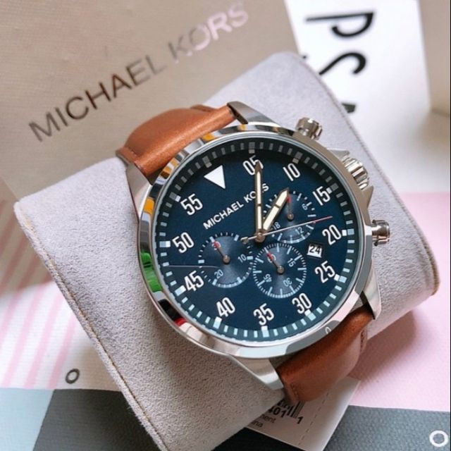 Michael Kors Gage Chronograph Blue Dial Brown Leather Strap Watch For Men - MK8362