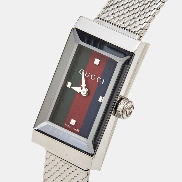 Gucci G Frame Quartz Diamonds Green & Red Mother of Pearl Dial Silver Mesh Bracelet Watch For Women - YA147510