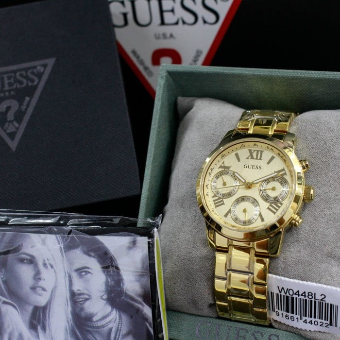 Guess Mini Sunrise Quartz Gold Dial Gold Steel Strap Watch For Women - W0448L2
