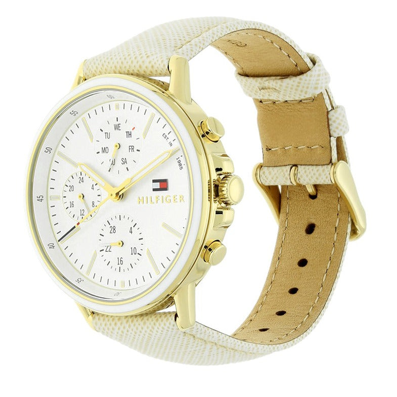 Tommy Hilfiger Carly Silver Dial Cream Leather Strap Watch for Women - 1781790