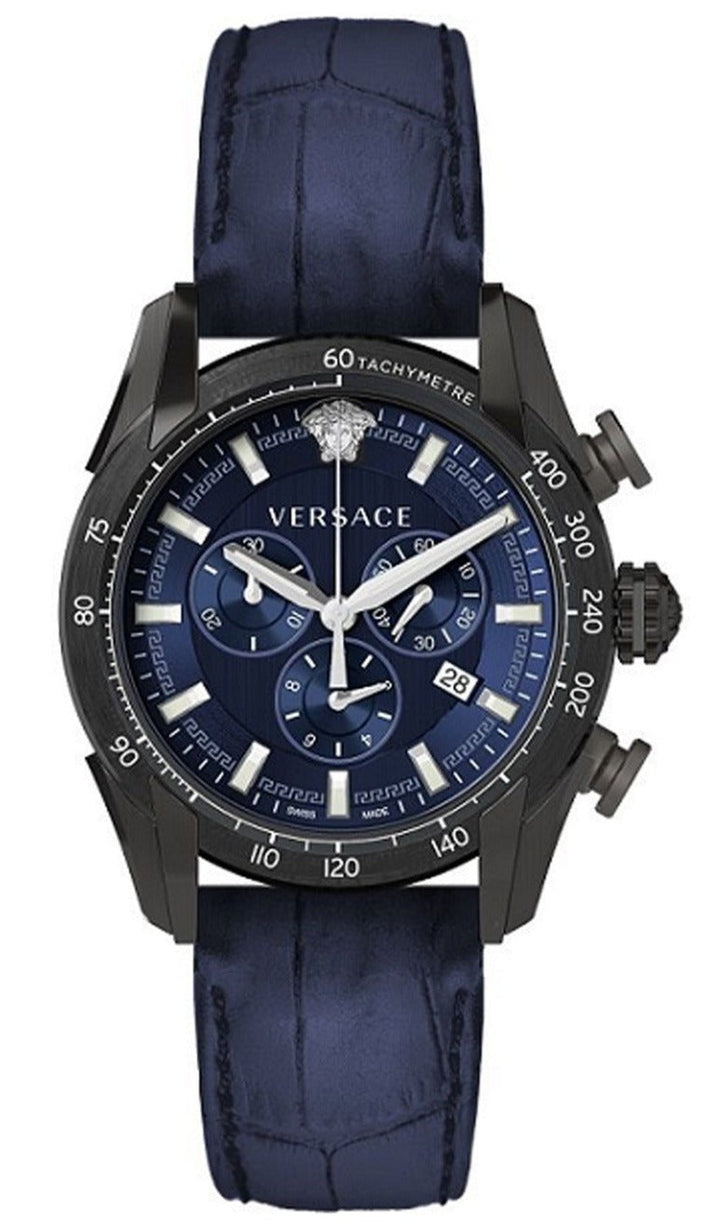 Versace V-Ray Chronograph Quartz Blue Dial Black Leather Strap Watch For Men - VEDB00418