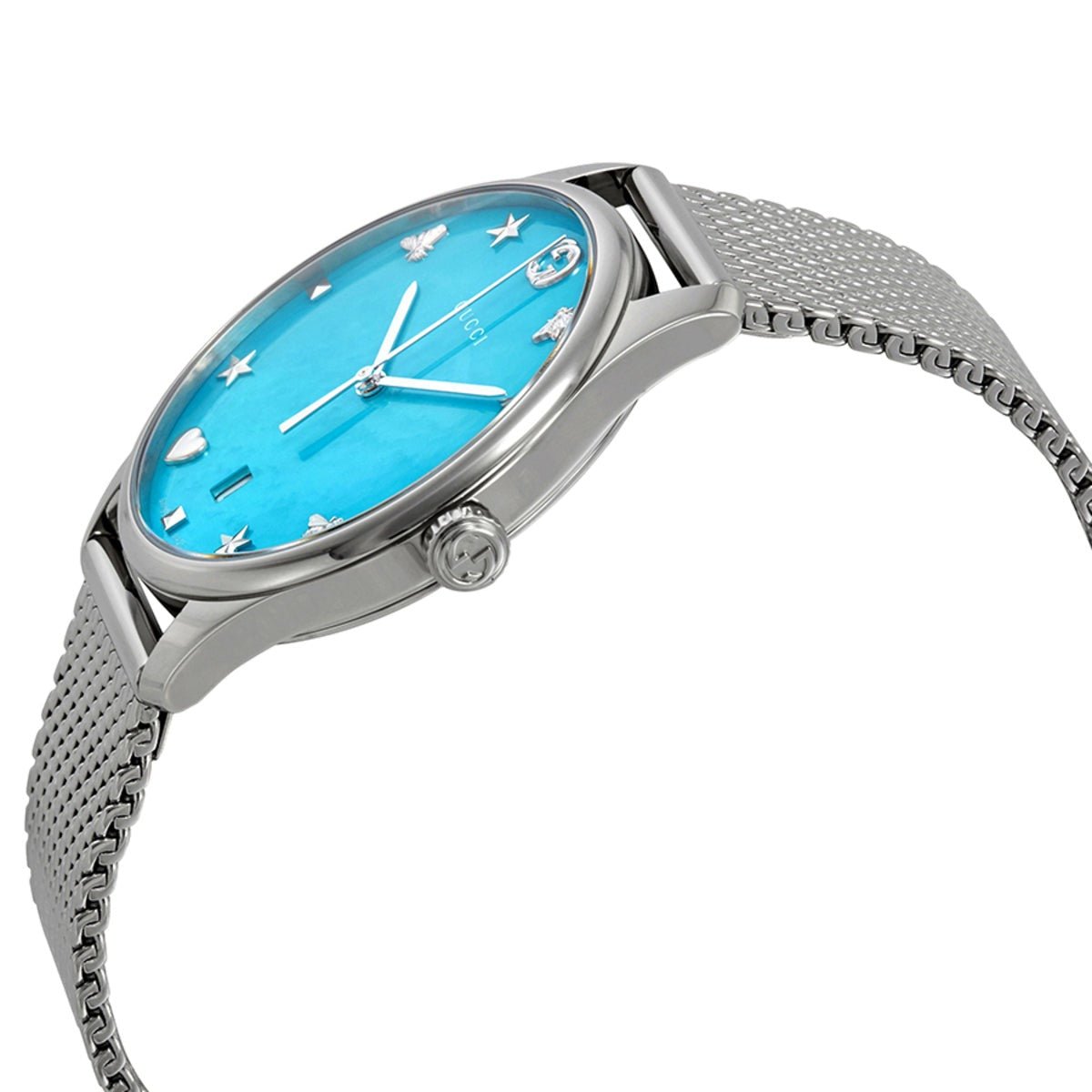 Gucci G-Timeless Turquoise Mother of Pearl Dial Silver Mesh Bracelet Watch For Women - YA126582