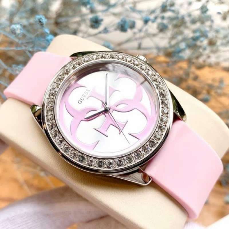 Guess G-Twist Diamonds Silver Dial Pink Rubber Strap Watch for Women - W1240L1