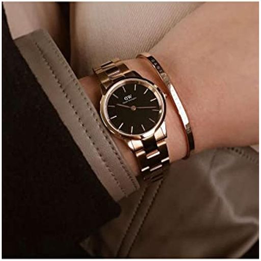 Daniel Wellington Iconic Link Black Dial Rose Gold Steel Strap Watch for Women - DW00100212