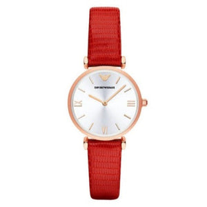 Emporio Armani Gianni T Bar Silver Dial Red Leather Strap Watch For Women - AR1876