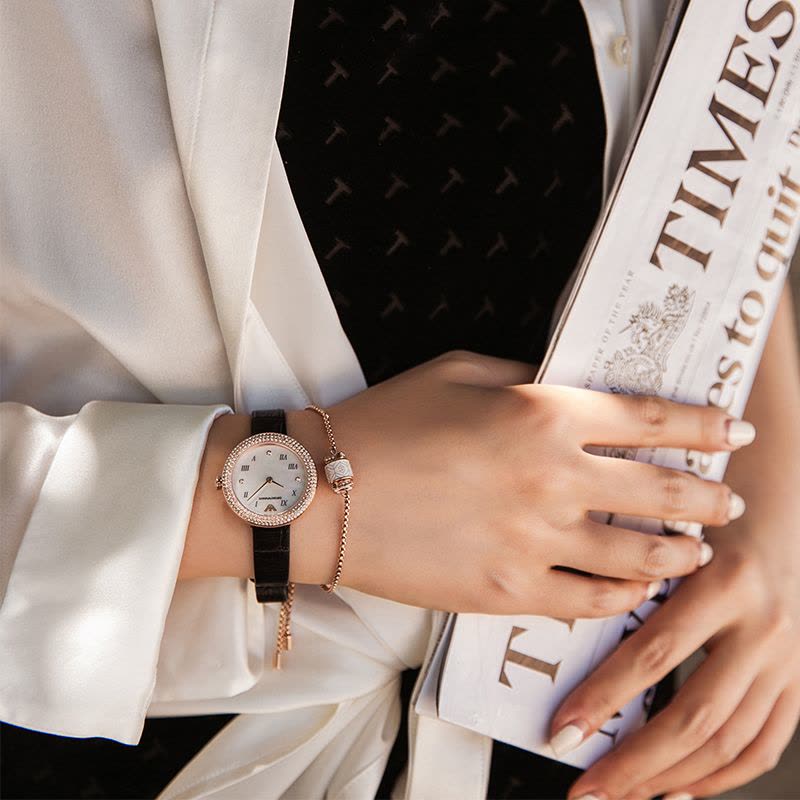Emporio Armani Rosa Quartz Mother Of Pearl White Dial Black Leather Strap Watch For Women - AR11356