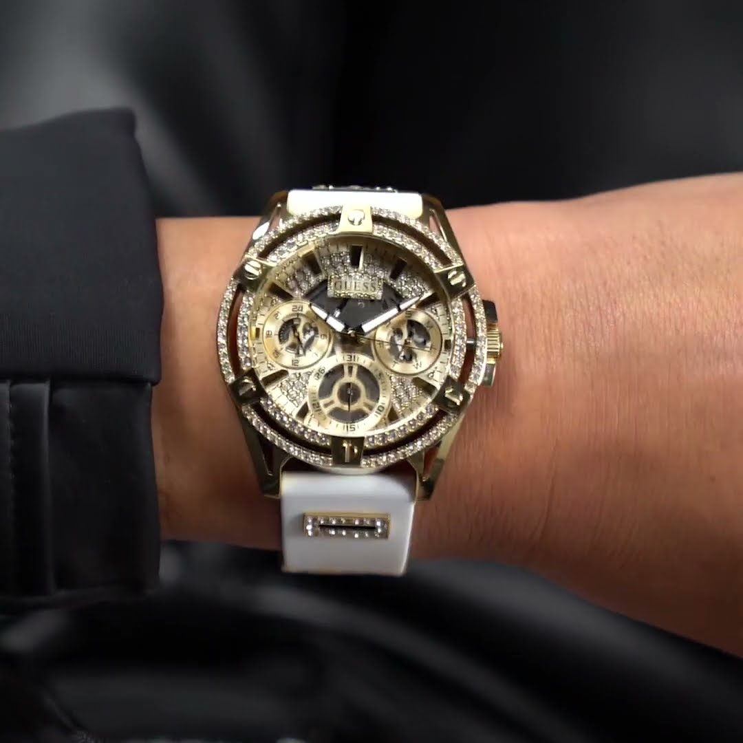 Guess Queen Quartz Gold Dial White Silicone Strap Watch For Women - GW0536L2