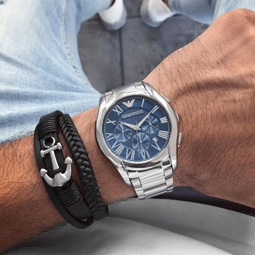 Emporio Armani Chronograph Quartz Blue Dial Silver Steel Strap Watch For Men - AR11082