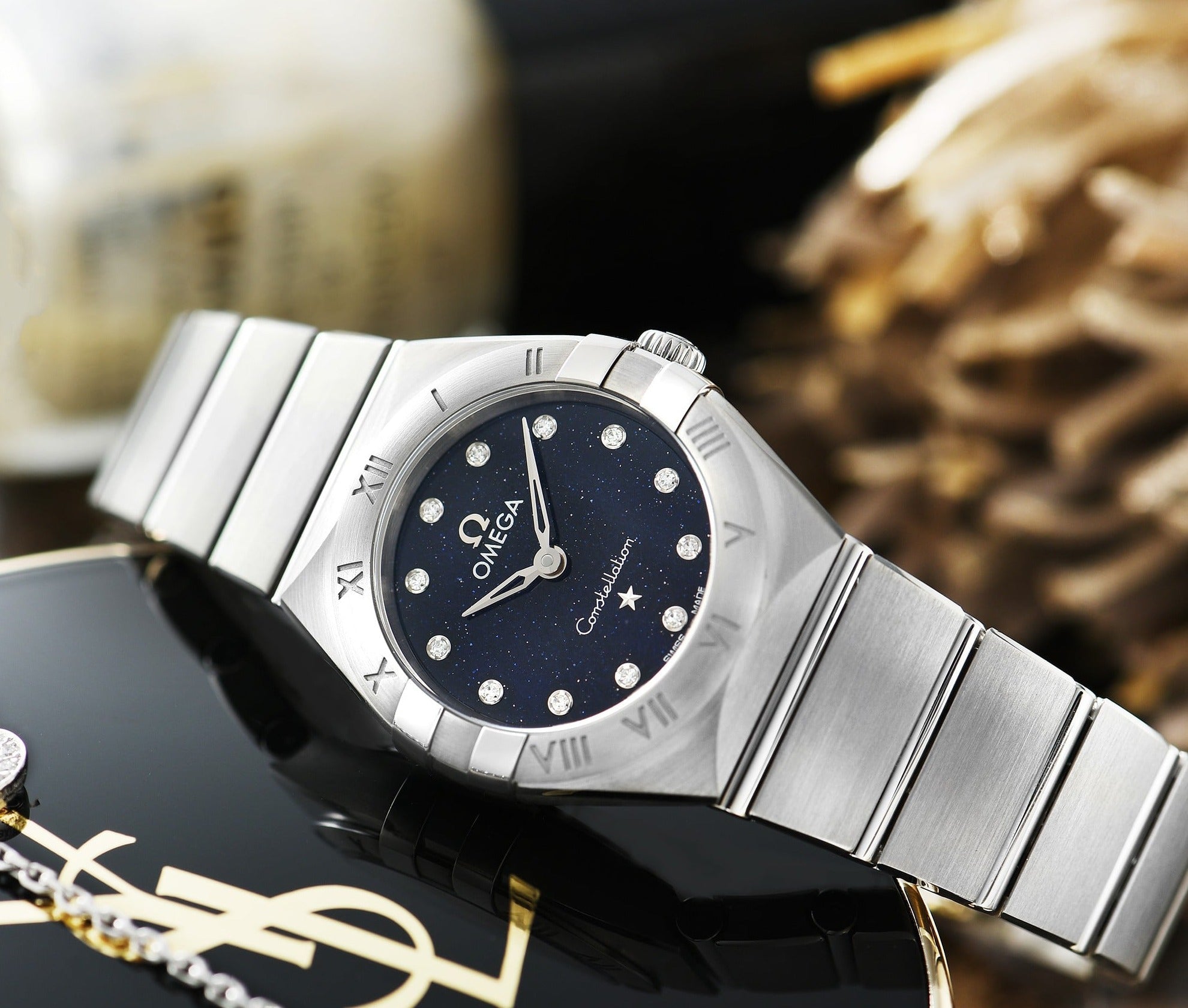 Omega Constellation Manhattan Quartz Diamonds Blue Dial Silver Steel Strap Watch for Women - 131.10.25.60.53.001