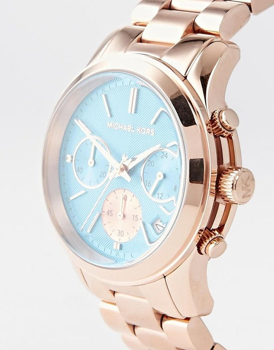 Michael Kors Runway Chronograph Turquoise Dial Rose Gold Steel Strap Watch For Women - MK6164