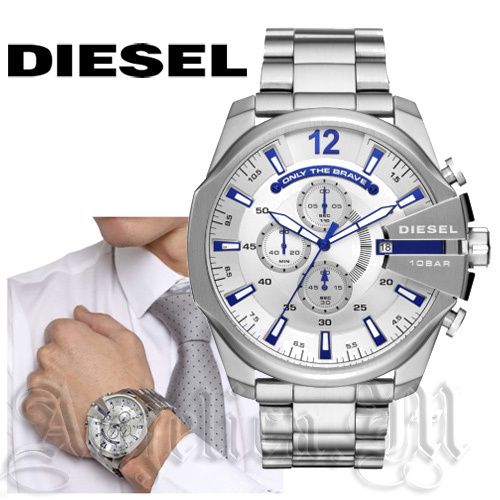 Diesel Mega Chief Chronograph White Dial Silver Steel Strap Watch For Men - DZ4477