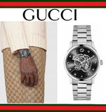 Gucci G Timeless Diamonds Black Dial Silver Steel Strap Watch For Women - YA1264125