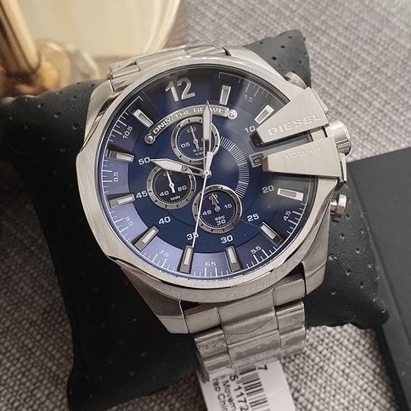 Diesel Mega Chief Chronograph Blue Dial Silver Steel Strap Watch For Men - DZ4417