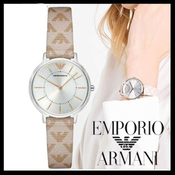 Emporio Armani Gianni T Bar Quartz Silver Dial Beige Leather Strap Watch For Women - AR80007