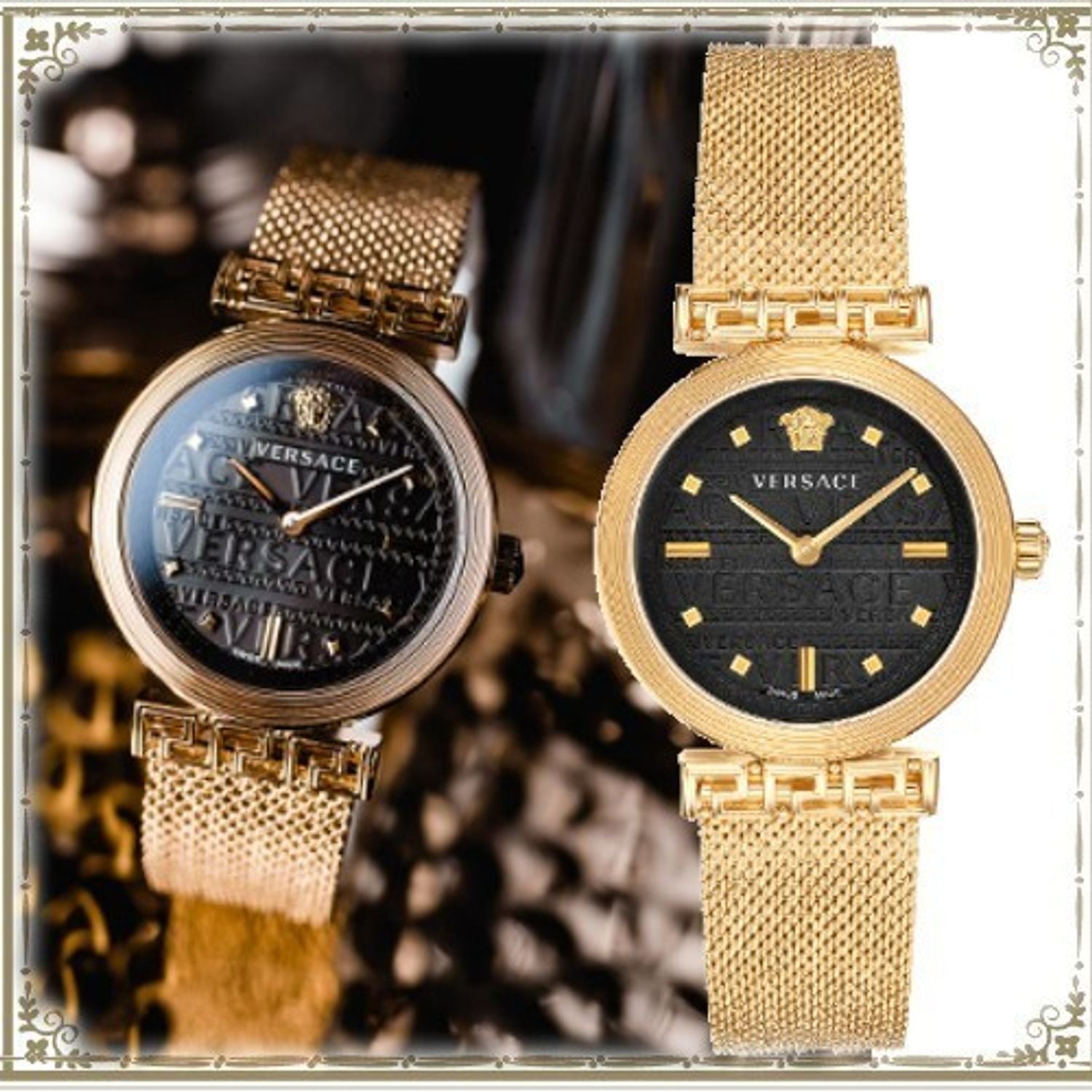 Versace Meander Black Dial Gold Mesh Bracelet Watch for Women - VELW00720