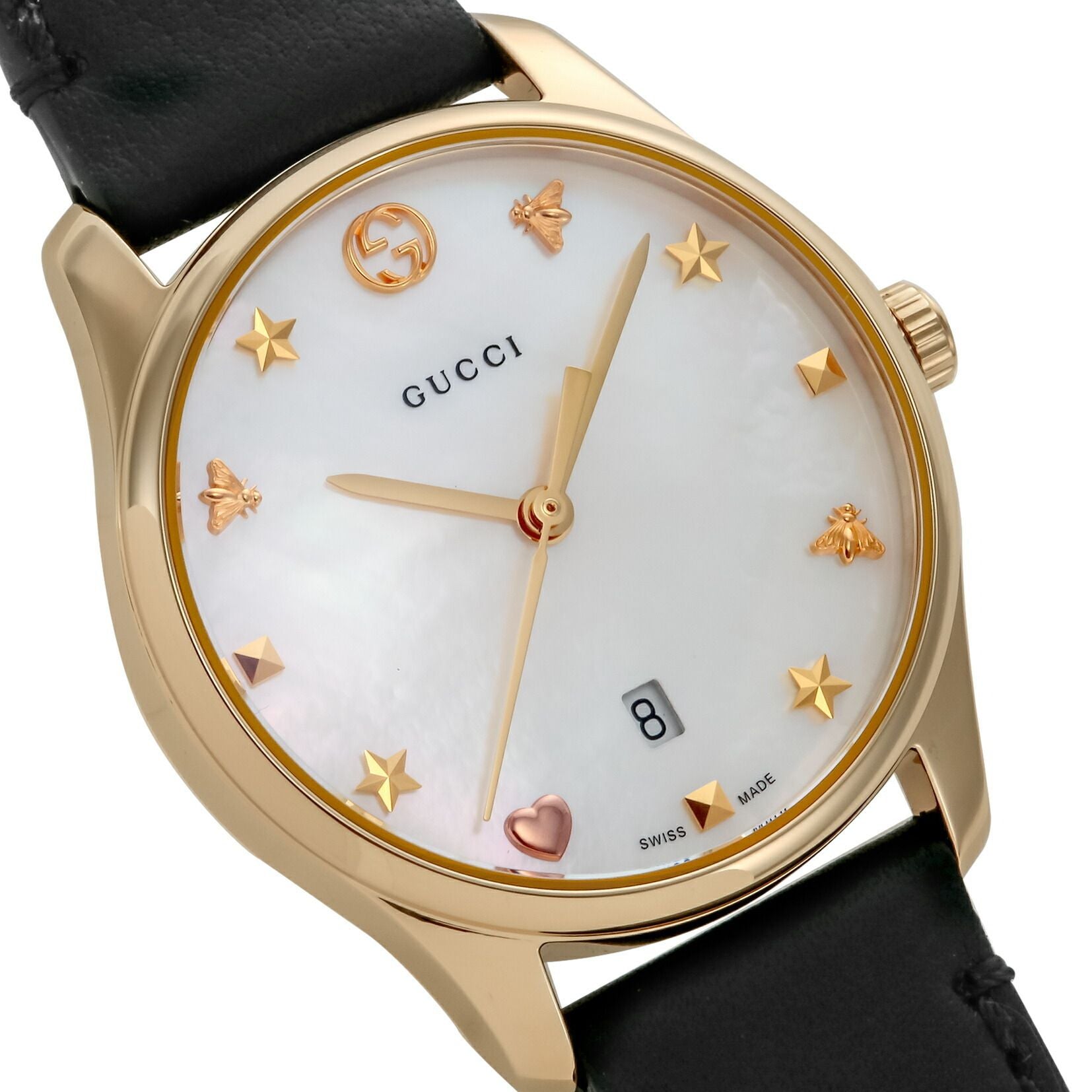 Gucci G-Timeless Mother of Pearl Dial Black Leather Strap Watch For Women - YA126589