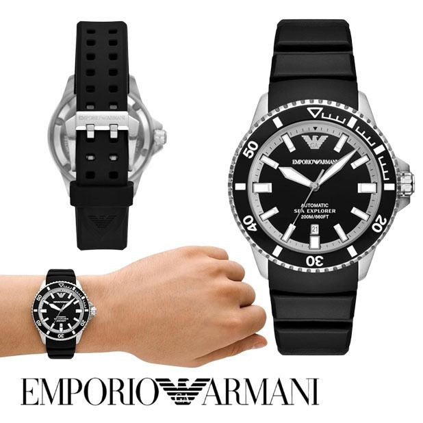 Emporio Armani Sea Explorer Automatic Black Dial Black Silicone Strap Watch For Men - AR60078