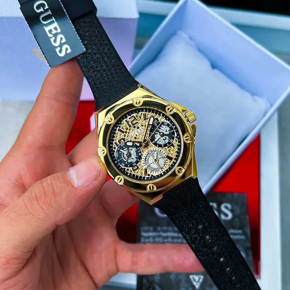 Guess Asteria Multifunction Gold Dial Black Rubber Strap Watch For Women - GW0620L2