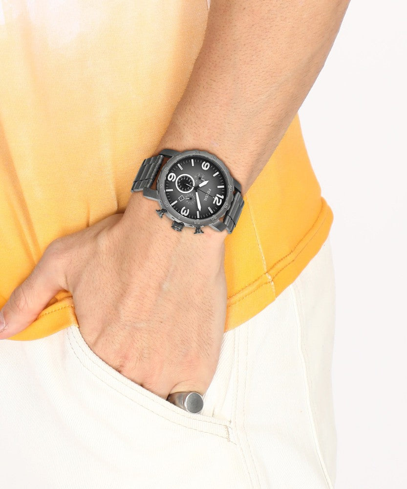 Fossil Nate Chronograph Gunmetal Dial Grey Steel Strap Watch for Men - JR1437