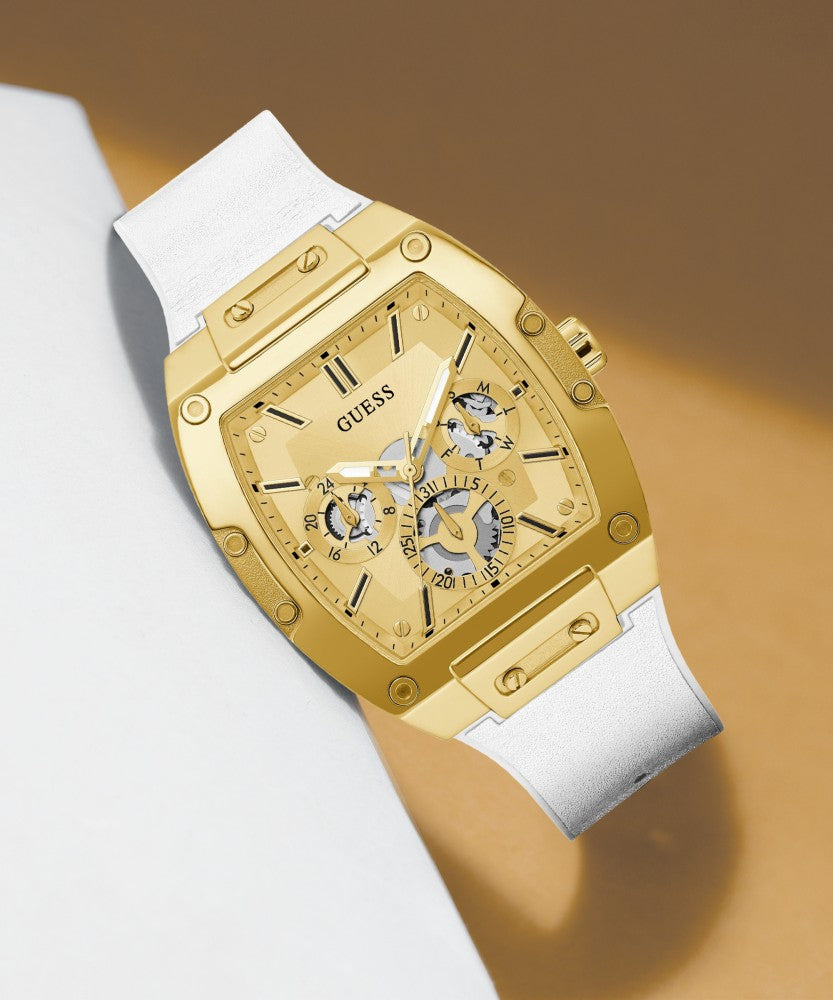 Guess Phoenix Multifunction Gold Dial White Leather Strap Watch for Men - GW0202G6