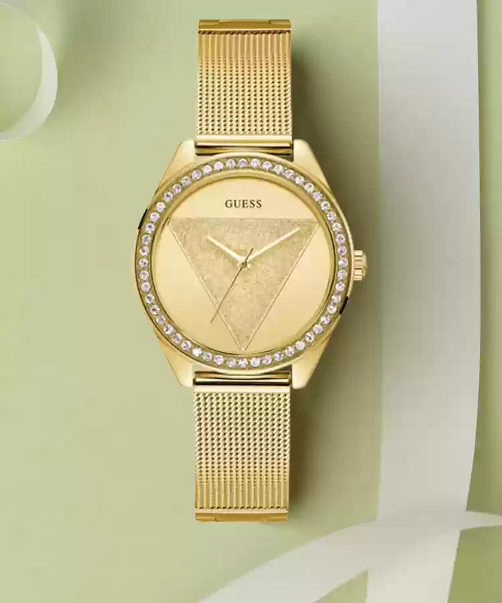 Guess Tri Glitz Quartz Diamonds Gold Dial Gold Mesh Bracelet Watch For Women - W1142L2