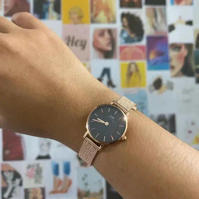 Daniel Wellington Petite Pressed Melrose Black Dial Rose Gold Mesh Strap Watch For Women - DW00100440
