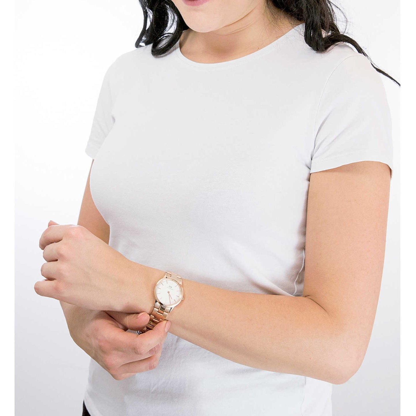 Daniel Wellington Iconic Link White Dial Rose Gold Steel Strap Watch For Women - DW00100211