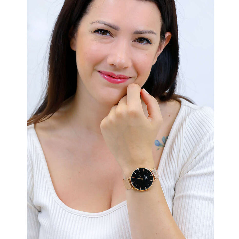 Daniel Wellington Petite Melrose Black Dial Rose Gold Mesh Strap Watch For Women - DW00100303