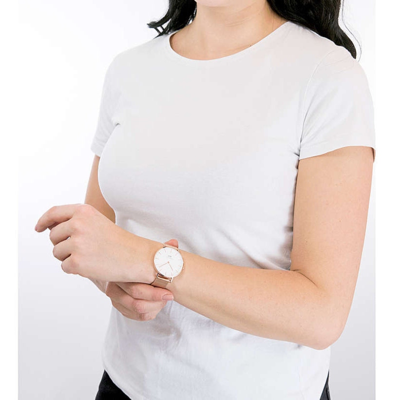 Daniel Wellington Petite Melrose White Dial Rose Gold Mesh Strap Watch For Women - DW00100305