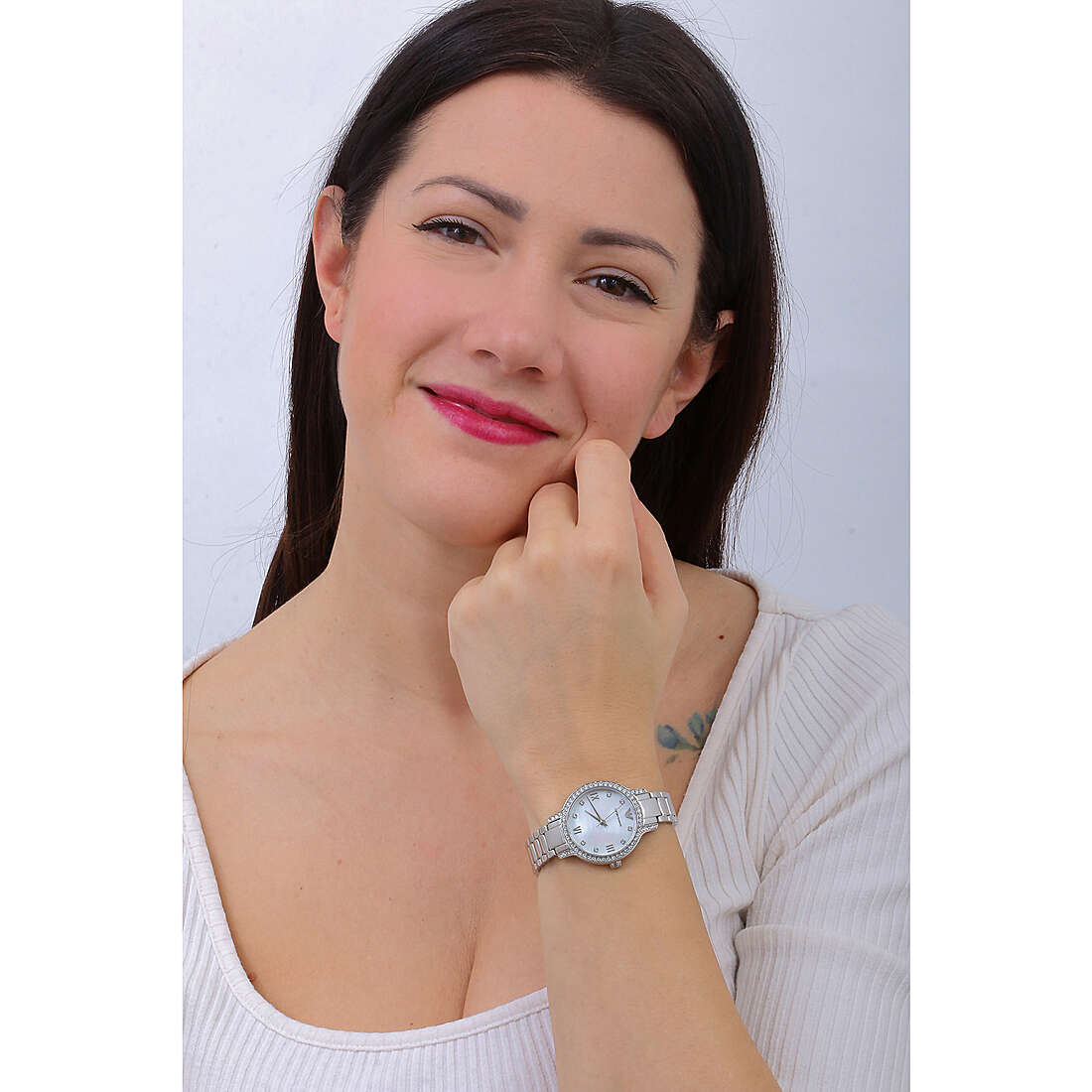 Emporio Armani Cleo Crystals Mother Of Pearl Dial Silver Steel Strap Watch For Women - AR11484