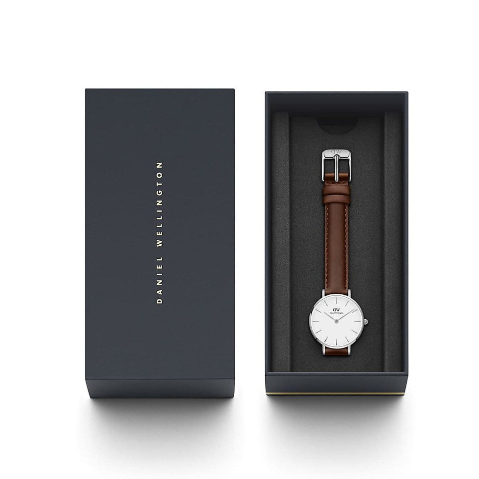 Daniel Wellington Petite White Dial Brown Leather Strap Watch For Women - DW00100243