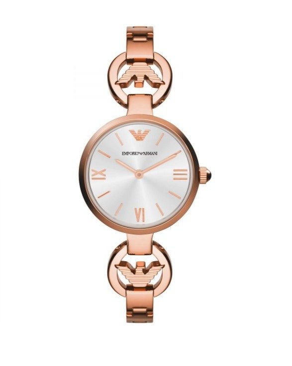 Emporio Armani Retro Quartz Silver Dial Rose Gold Steel Strap Watch For Women - AR1776