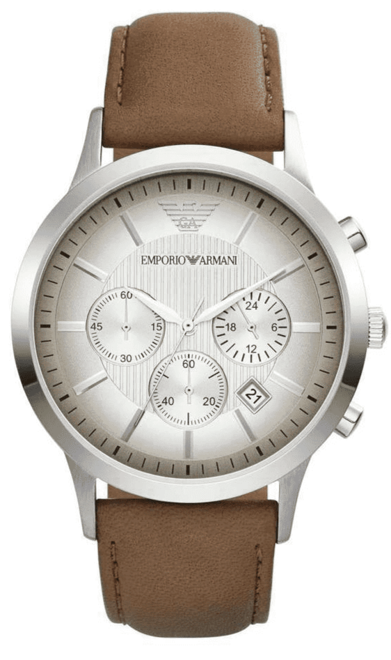 Emporio Armani Classic Chronograph Silver Dial Brown Leather Strap Watch For Men - AR2471